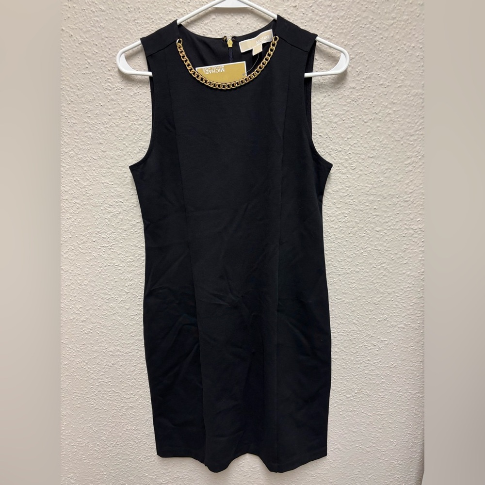 MICHAEL Michael Kors Black Sleeveless Sheath Dress with Gold Chain Neck
